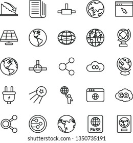 thin line vector icon set - globe vector, passport, solar panel, planet, Earth, plug, CO2, carbon dyoxide, connection, connections, recession, newspaper, network, browser, connect, man hold world