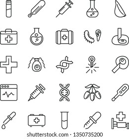 thin line vector icon set - first aid kit vector, plus, electronic thermometer e, mercury, bag of a paramedic, medical, cardiogram, garlic, goji berry, round flask, test tube, dna, bactery, pipette
