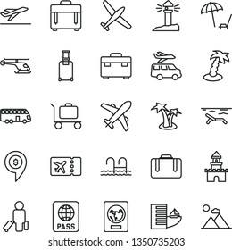 thin line vector icon set - suitcase vector, case, passport, coastal lighthouse, sand castle, helicopter, dollar pin, plane, bus, passenger, rolling, ticket, departure, hotel, beach, palm tree, pool