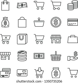 thin line vector icon set - paper bag vector, grocery basket, bank card, cart, put in, crossed, with handles, cards, kiosk, coins, stall, shopping, front of the, column, dollar, get a wage, money