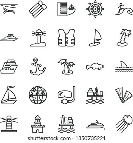 thin line vector icon set - anchor vector, small fish, sea port, commercial seaport, lighthouse, coastal, planet, sand castle, sail boat, hotel, beach, palm tree, flippers, diving mask, surfing