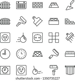 thin line vector icon set - paint roller vector, brickwork, brick wall, big core, building trowel, new, power socket type b, f, tile, block, putty knife, spatula, fence, hedge, paving slab, pavement