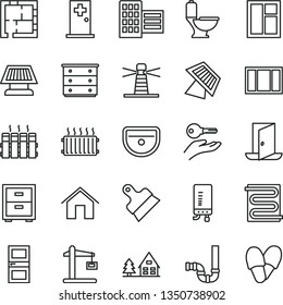 thin line vector icon set - bedside table vector, chest of drawers, window, frame, sink, toilet, siphon, laying out, interroom door, city block, putty knife, heating coil, radiator, home, aluminum