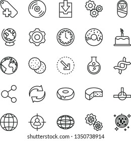 thin line vector icon set - sign of the planet vector, clock face, renewal, add label, download archive data, roly poly doll, cogwheel, CD, earth, cake, right bottom arrow, cheese, with a hole, dna