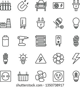 thin line vector icon set - lightning vector, danger of electricity, concrete mixer, drill, saving light bulb, heating coil, radiator, boiler, electronic, fan screw, charge level, battery, plug