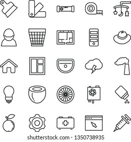 thin line vector icon set - wicker pot vector, hat, toys over the cradle, baby powder, bag of a paramedic, house, cogwheel, window, measuring tape, color samples, sink, lay out flat, bulb, blueberry