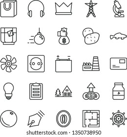 thin line vector icon set - big core vector, laying out, bulb, headphones, pass card, bag with handles, small fish, a glass of tea, jar jam, orange, half melon, potato, marine propeller, accumulator