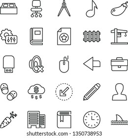 thin line vector icon set - briefcase vector, left direction, graphite pencil, woman, silent mode, book, child shoes, crane, buildings, building block, new radiator, bottom arrow, carrot, eggplant