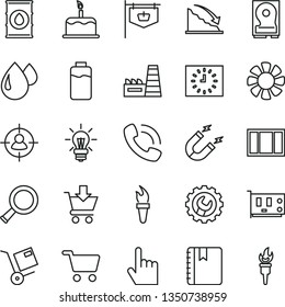 thin line vector icon set - window frame vector, gear, index finger, notebook, put in cart, cake, shipment, charge level, oil, thermal power plant, drop, magnet, shopping, vintage sign, man sight