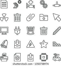 thin line vector icon set - danger of electricity vector, monitor window, bin, graphite pencil, upload archive data, download, folder, cradle, brick wall, bell, dust, star, clip, big solar panel