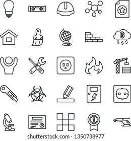 thin line vector icon set - tower crane vector, dwelling, brick wall, small tools, plastic brush, bulb, power socket type b, f, building level, drawing, tile, construction helmet, dangers, molecule