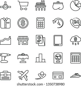 thin line vector icon set - bar chart vector, drill, portfolio, 24, folded shirt, industrial enterprise, stall, cart, reverse side of a bank card, dollar, purse, pie charts, statistical research