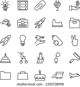 thin line vector icon set - clip vector, add label, chest of drawers, sitting stroller, potty chair, birthday cake, hook, garden trolley, new roller, plastic brush, portfolio, plummet, folder, torte