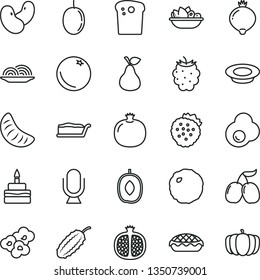 thin line vector icon set - microphone vector, Easter cake, onion, slice, birthday, apple pie, a plate of fruit, milk, cabbage, popcorn, fried egg, strawberries, pear, orange, pomegranate, half