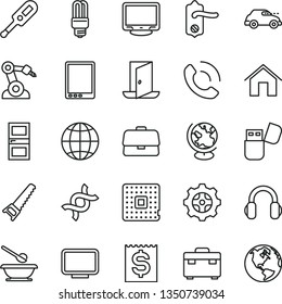 thin line vector icon set - electronic thermometer vector e, plates and spoons, hand saw, suitcase, door knob, interroom, home, earth, phone call, gear, mercury light bulb, retro car, processor, dna