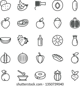 thin line vector icon set - measuring bottle for feeding vector, plates and spoons, noodles, cake with a hole, bacon, japanese sushi, peach, half pomegranate, branch of grape, apricot, red apple