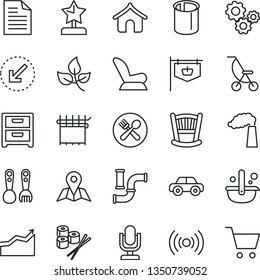 thin line vector icon set - desktop microphone vector, scribbled paper, cradle, car child seat, summer stroller, motor vehicle, plastic fork spoons, left bottom arrow, map, nightstand, sushi set