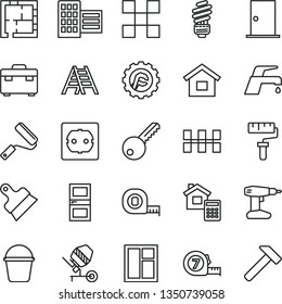 thin line vector icon set - paint roller vector, dwelling, concrete mixer, window, drill, measuring tape, long meashuring, bucket, new, ladder, suitcase, laying out, saving light bulb, key, tile