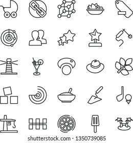 thin line vector icon set - spectacles vector, women, hat, remove label, baby stroller, cubes for children, trowel, ceramic tiles, a bowl of rice porridge, plate fruit, popsicle, slice lemon, radar