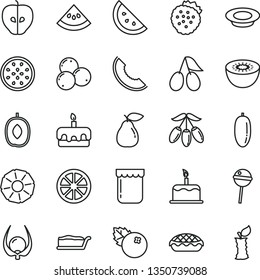 thin line vector icon set - cake vector, slice, torte, apple pie, a plate of milk, Chupa Chups, jam, blueberries, strawberries, orange, pear, tasty, cornels, melon, goji berry, delicious plum, kiwi