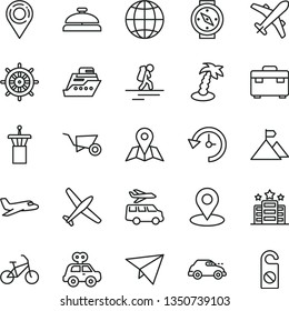 thin line vector icon set - motor vehicle present vector, building trolley, suitcase, map, earth, retro car, location, geolocation, history, mountain flag, paper plane, bike, backpacker, palm tree