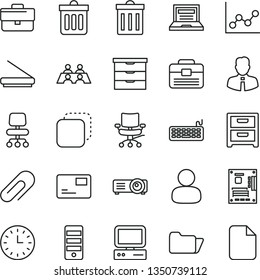 thin line vector icon set - laptop vector, clip, briefcase, bin, graph, storage unit, portfolio, employee, dust, nightstand, pass card, copy, man, wall watch, conversation, computer, keyboard, chair