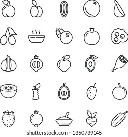 thin line vector icon set - a bowl of buckwheat porridge vector, hot, grill chicken leg, garlic, omelette, blueberries, apple, orange, peach, pomegranate, red, cornels, medlar, half, tasty raspberry