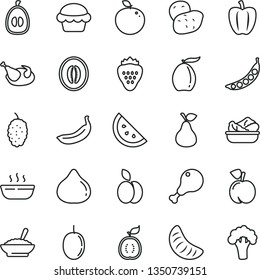 thin line vector icon set - cake vector, a bowl of buckwheat porridge, hot, lettuce in plate, chicken, leg, strawberry, apple, pear, orange slice, peach, fig, mulberry, loquat, half melon, tangerine