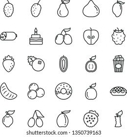 thin line vector icon set - sausage vector, birthday cake, glazed with a hole, apple pie, cup of popcorn, blueberries, strawberries, quince, tasty, raspberry, cornels, fig, blackberry, mulberry