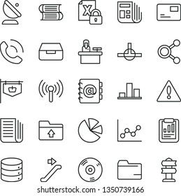 thin line vector icon set - warning vector, folder, graph, upload, books, big data, address book, pass card, drawer, phone call, satellite antenna, vintage sign, connections, chart, pie charts, cd