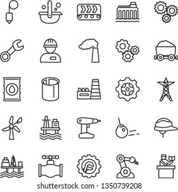 thin line vector icon set - workman vector, drill, helmet, plummet, star gear, core, sea port, commercial seaport, wind energy, valve, manufacture, oil, hydroelectricity, power line, thermal plant