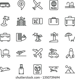 thin line vector icon set - suitcase vector, case, passport, coastal lighthouse, dollar pin, plane, bus, passenger, rolling, ticket, departure, hotel, beach, arnchair under umbrella, palm tree, pool