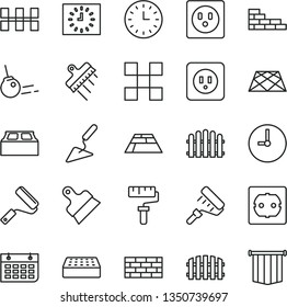thin line vector icon set - paint roller vector, brickwork, brick wall, building trowel, new, power socket type b, f, tile, ceramic tiles, block, putty knife, spatula, fence, hedge, paving slab