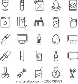 thin line vector icon set - measuring cup for feeding vector, e, packing of juice with a straw, drop, screen, glass soda, tea, can, bottle, liquor, round flask, oil, canister, monitor, test tube