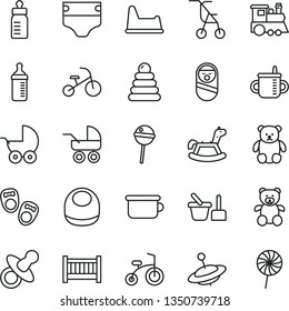 thin line vector icon set - baby cot vector, dummy, mug for feeding, bottle, measuring, diaper, bib, stroller, carriage, sitting, stacking rings, roly poly doll, toy sand set, children's potty, yule
