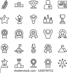 thin line vector icon set - star vector, pedestal, medal, winner, laurel branch, podium, prize, cup, gold, reward, man with, motivation, mountain flag, pennant, ribbon, certificate, hands up