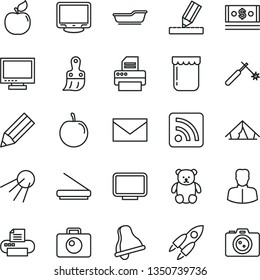 thin line vector icon set - bell vector, monitor, envelope, rss feed, bath, small teddy bear, plastic brush, drawing, camera, artificial satellite, jam, apricot, tasty plum, welding, woman, pencil