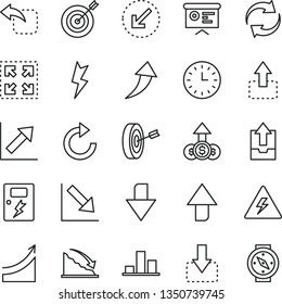 thin line vector icon set - danger of electricity vector, upward direction, downward, renewal, clockwise, growth chart, negative, upload archive data, lightning, dangers, left bottom arrow, size