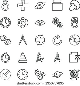 thin line vector icon set - clock face vector, renewal, plus, clockwise, stacking toy, cogwheel, left bottom arrow, eye, timer, CD, delete page, porcini, accumulator, gears, Measuring compasses