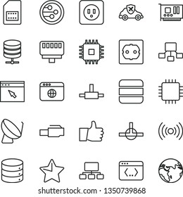 thin line vector icon set - power socket type b vector, f, star, thumb up, big data, server, autopilot, satellite dish, SIM card, scheme, hierarchical, cpu, pc, network, browser, connect, coding