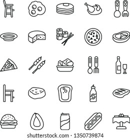 thin line vector icon set - a chair for feeding vector, child, plastic fork spoons, iron, stick of sausage, cheese, pizza, piece, Hot Dog, burger, lettuce in plate, chicken, bacon, chop, barbecue