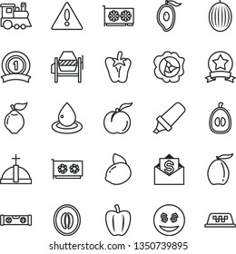 thin line vector icon set - warning vector, children's train, concrete mixer, building level, peper, ripe peach, squash, quince, melon, half of mango, loquat, yellow lemon, Bell pepper, drop oil