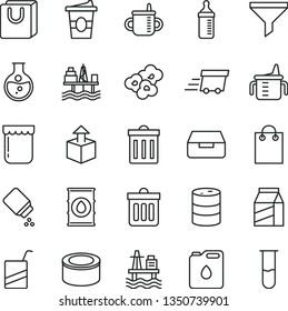 thin line vector icon set - bin vector, mug for feeding, measuring cup, bottle, baby powder, e, dust, drawer, bag with handles, package, unpacking, canned goods, popcorn, coffe to go, jam, sea port