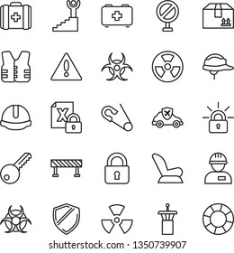 thin line vector icon set - warning vector, prohibition, car child seat, open pin, bag of a paramedic, medical, workman, key, construction helmet, road fence, lock, cardboard box, radiation hazard