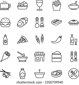 thin line vector icon set - plates and spoons vector, plastic fork, iron, coffee, fried vegetables on sticks, piece of pizza, big burger, cake, pie, a bowl rice porridge, lettuce in plate, bacon