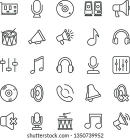 thin line vector icon set - bell vector, desktop microphone, horn, loudspeaker, silent mode, drumroll, drum, music, regulator, no sound, phone call, megaphone, pc card, cd, headphones, speaker, note