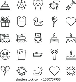 thin line vector icon set - heart symbol vector, toys over the cradle, bib, rubber duck, baby duckling, teddy bear, toy train, children's, colored air balloons, cake, birthday, Easter, slice, torte