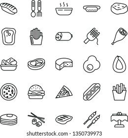 thin line vector icon set - iron fork spoons vector, sausage, stick of, cheese, pizza, piece, Hot Dog, mini, burger, spaghetti, porridge, lettuce in a plate, grill chicken leg, bacon, chop, barbecue