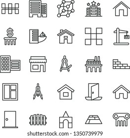 thin line vector icon set - house vector, box of bricks, dwelling, brick wall, window, ntrance door, buildings, city block, tile, ceramic tiles, fence, paving slab, home, industrial enterprise, exit