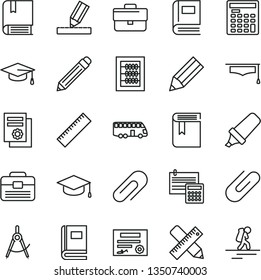thin line vector icon set - clip vector, briefcase, graphite pencil, yardstick, book, new abacus, e, portfolio, writing accessories, drawing, calculation, square academic hat, scribed compasses, bus